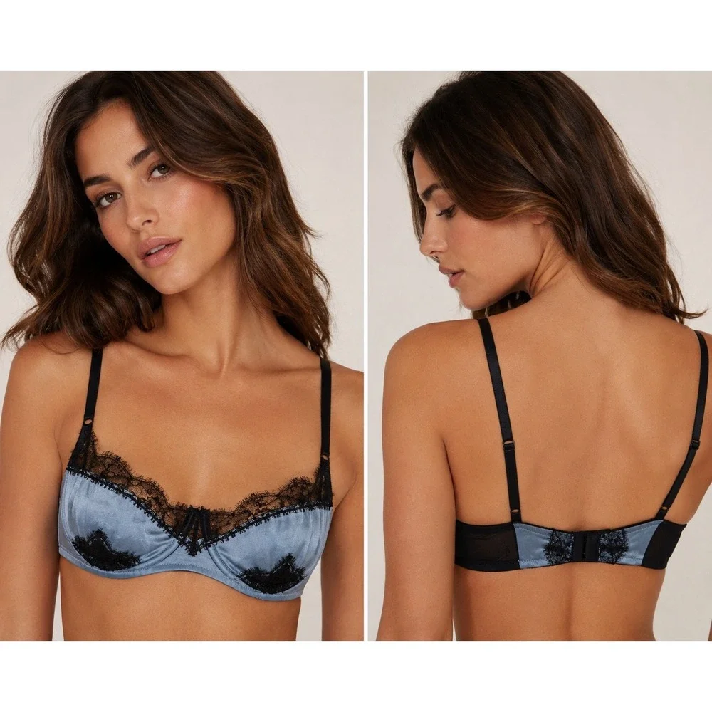 Kiki de Montparnasse Silk Lace Demi Bra Blue Black 34D Underwire Lingerie USA